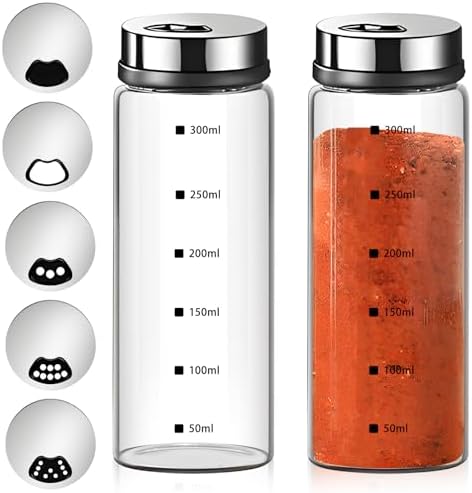 2Pcs Glass Salt Pepper Shakers with Adjustable Pour Holes and Removable Lids
