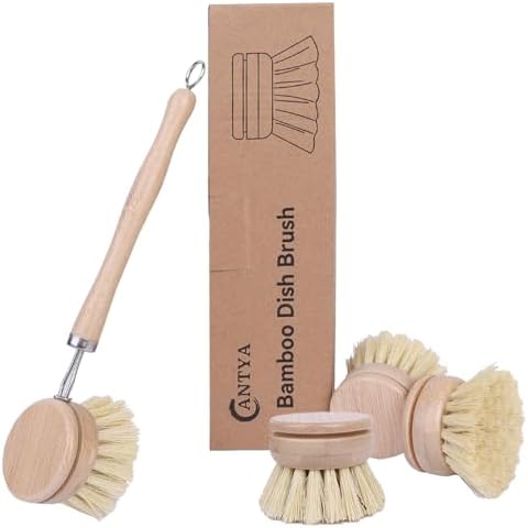 Bamboo Dish Brush With Handle and 4 Replacement Heads