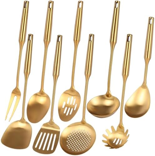 Gold Kitchen Utensils Set of 9 - 15 Inch All Metal Tools