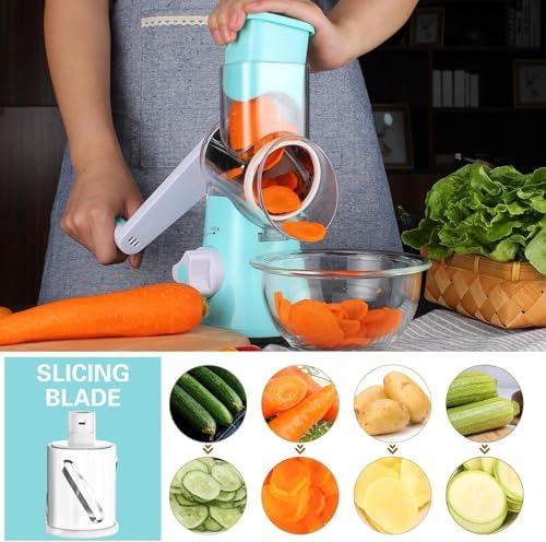 Cambom Rotary Cheese Grater with Three Blades and Suction Base