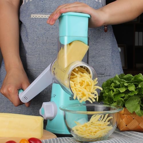 Cambom Rotary Cheese Grater with Three Blades and Suction Base