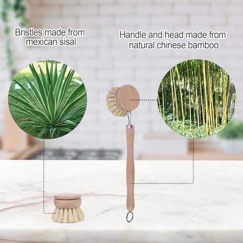 Bamboo Dish Brush With Handle and 4 Replacement Heads