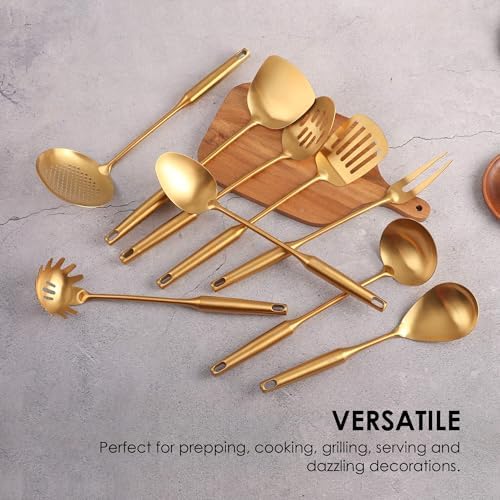 Gold Kitchen Utensils Set of 9 - 15 Inch All Metal Tools