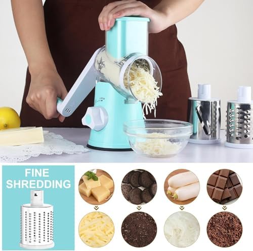 Cambom Rotary Cheese Grater with Three Blades and Suction Base