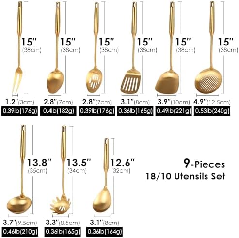 Gold Kitchen Utensils Set of 9 - 15 Inch All Metal Tools