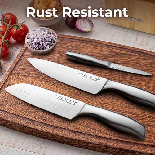 Zulay Kitchen 12-Piece Stainless Steel Knife Set with Block and Sharpener
