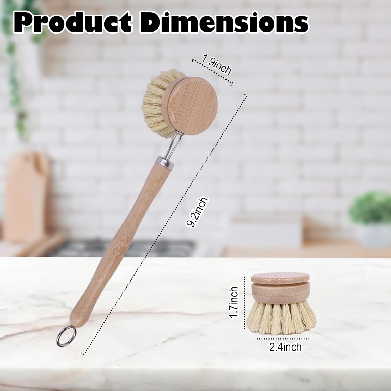 Bamboo Dish Brush With Handle and 4 Replacement Heads