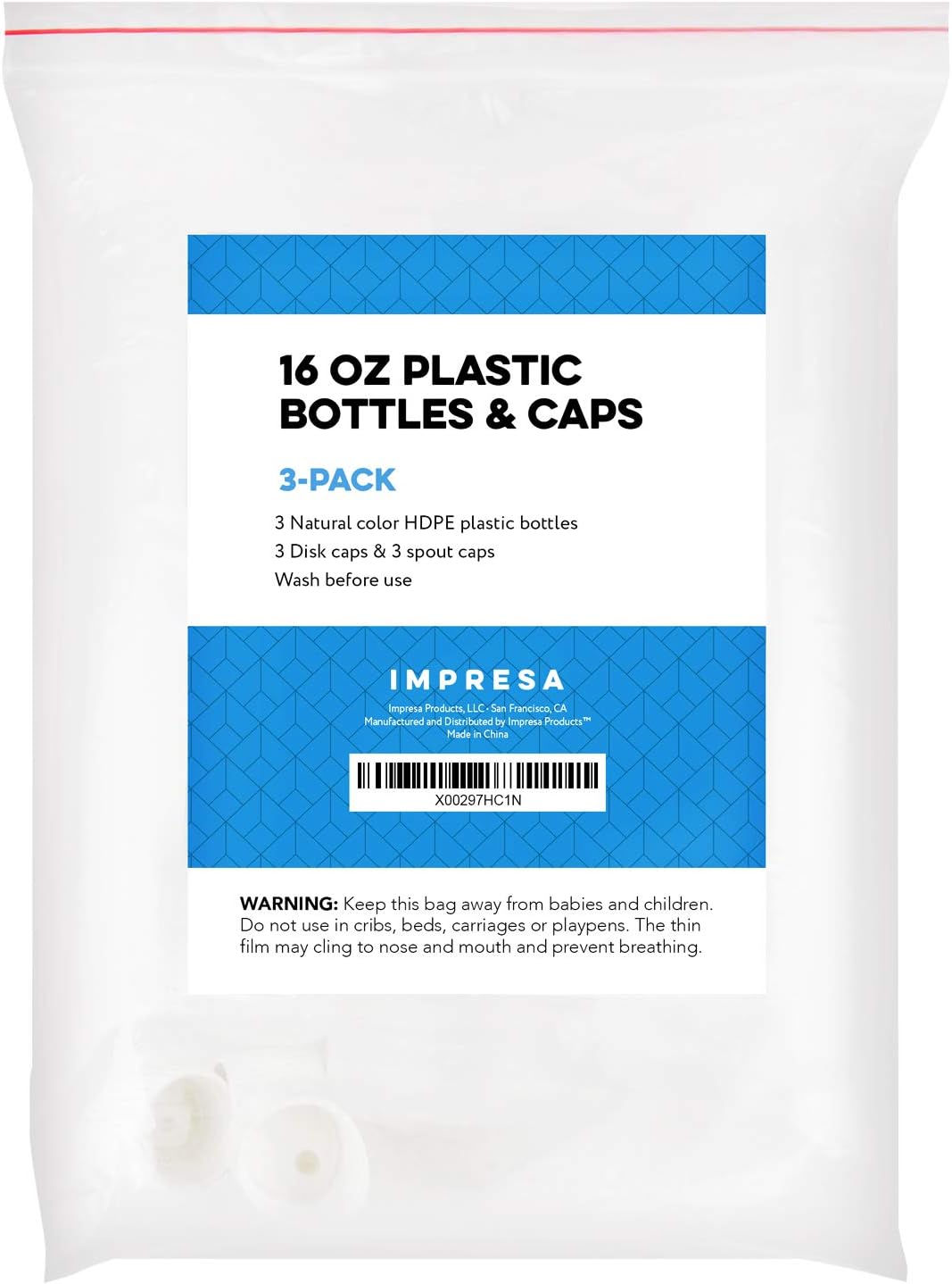 Pack of 3 Reusable 16oz BPA-Free Plastic Bonds with 6 Caps