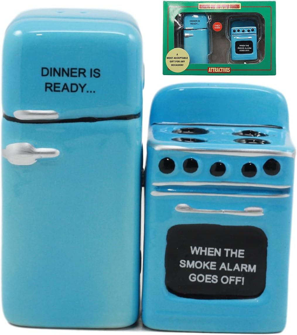 Ebros Retro Blue Fridge and Stove Salt and Pepper Shakers Set