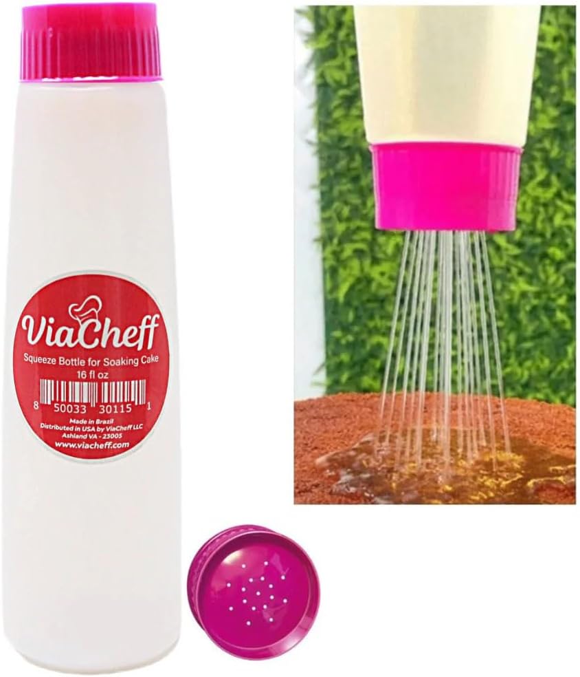 ViaCheff Plastic Bottle for Soaking Cake Pink Neon Lid 16 fl oz
