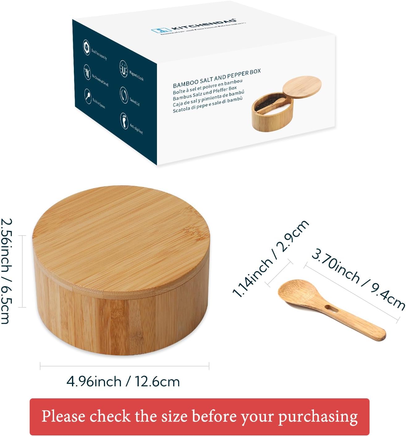 KITCHENDAO Bamboo Salt and Pepper Bowl Box