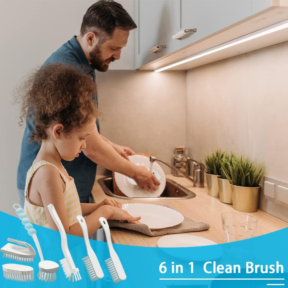 6 PCS Cleaning Brush Set for Kitchen and Bathroom with Sky Blue