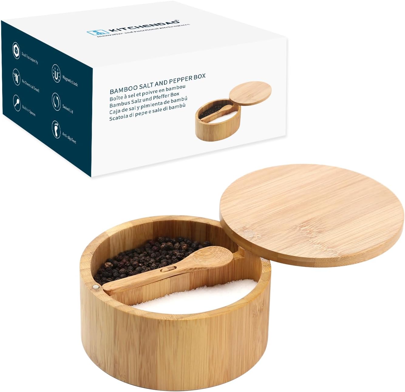 KITCHENDAO Bamboo Salt and Pepper Bowl Box