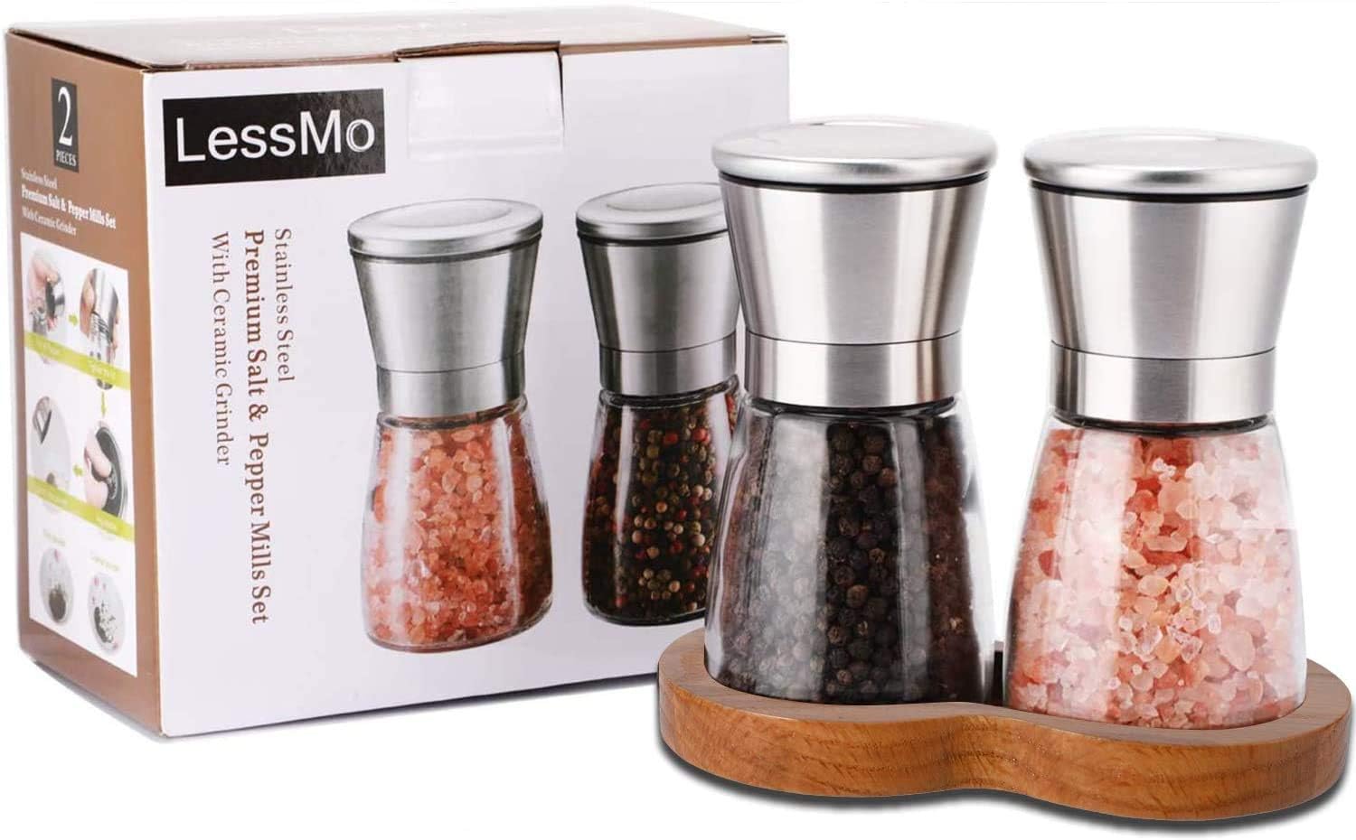 LessMo Salt and Pepper Set with Wooden Tray 10Piece SS