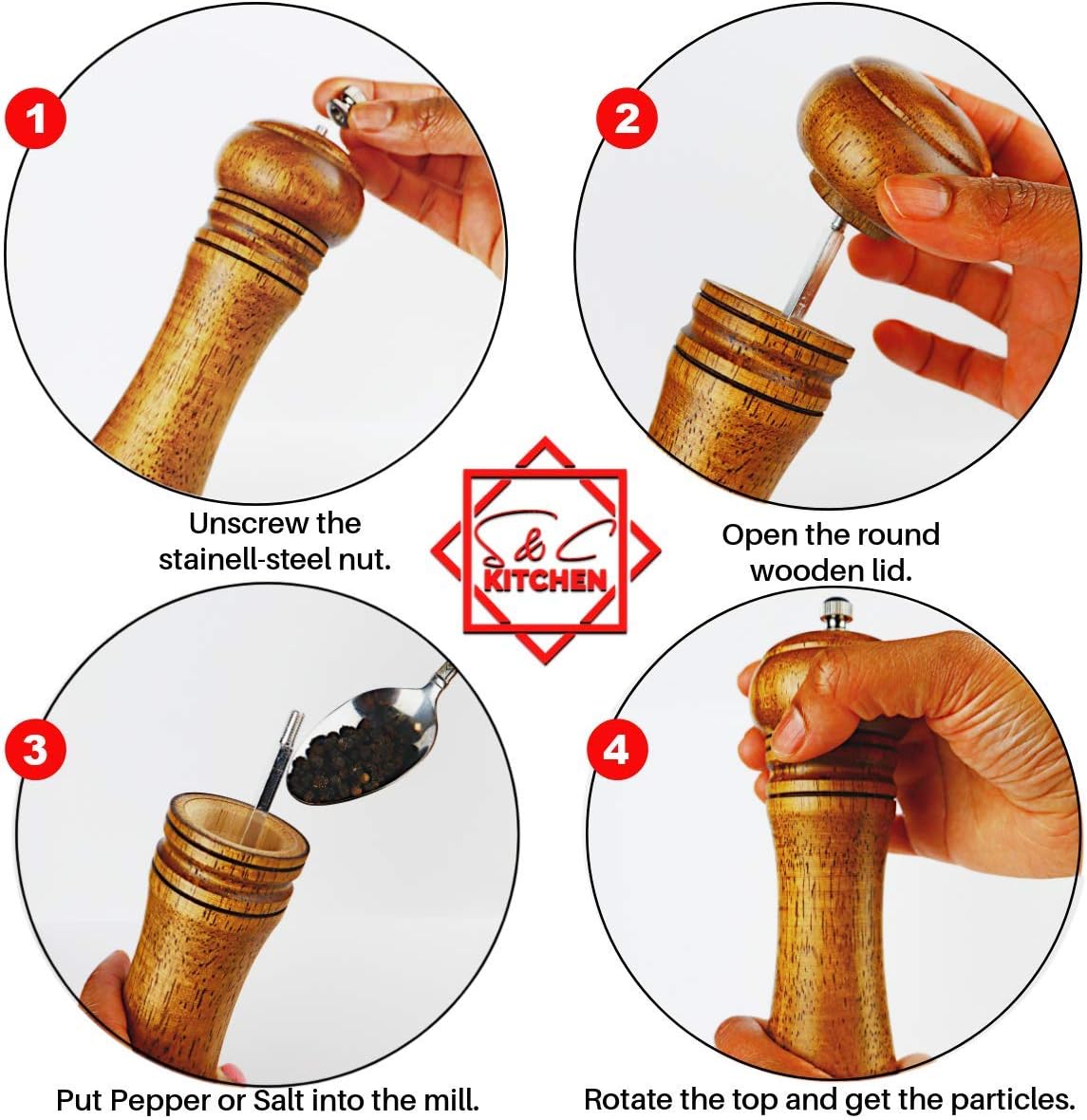 S C Living Wooden Pepper Mill - Oak Wood - 8-inch Tall