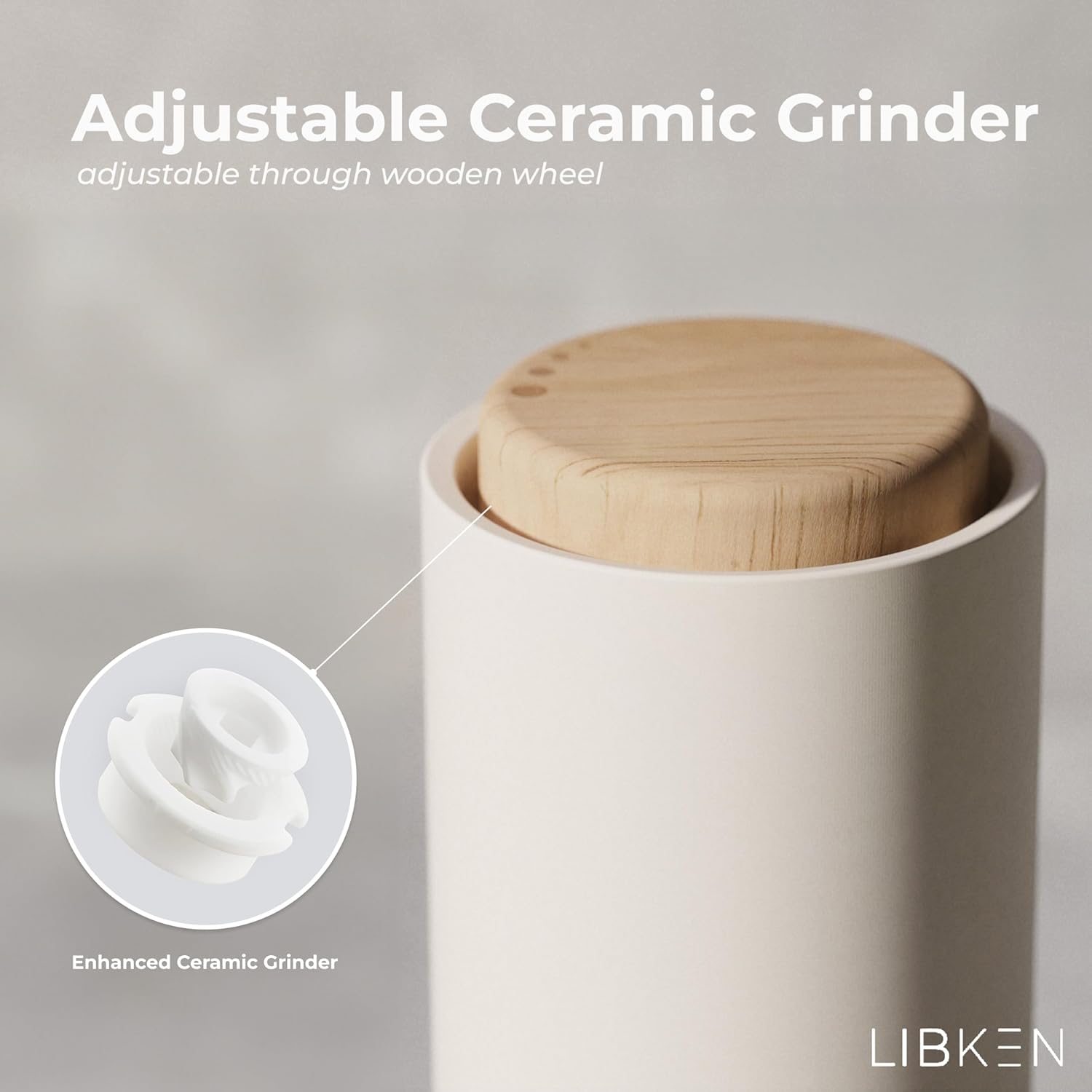LIBKEN Salt and Pepper Grinder SetAdjustable Ceramic Kilner Premium Spice Dispenser WhiteGrey