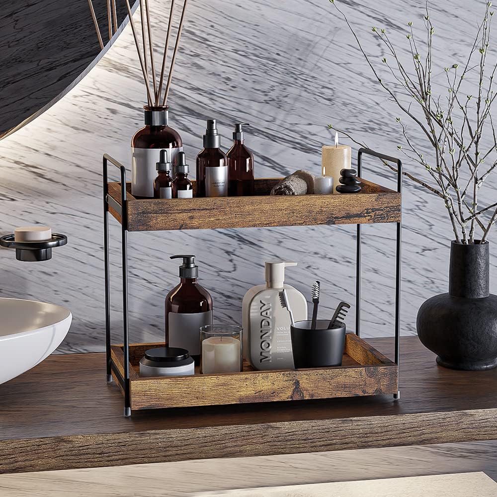 2-Tier Bathroom Counter Organizer Wood Kitchen Countertop Spice Rack