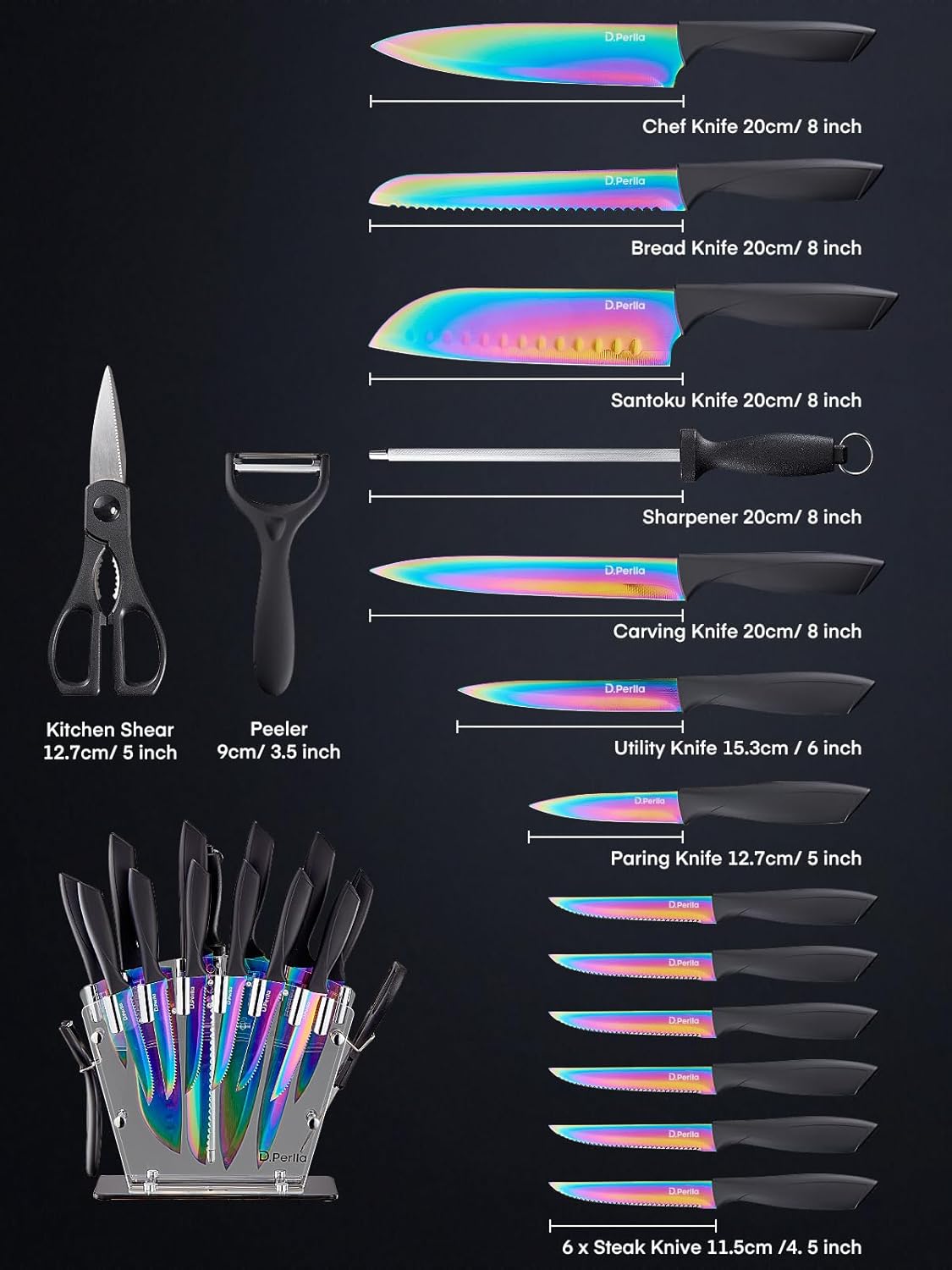 DPerlla Rainbow Titanium Knife Set Premium Sharp Ergonomic Stylish Kitchen Tools