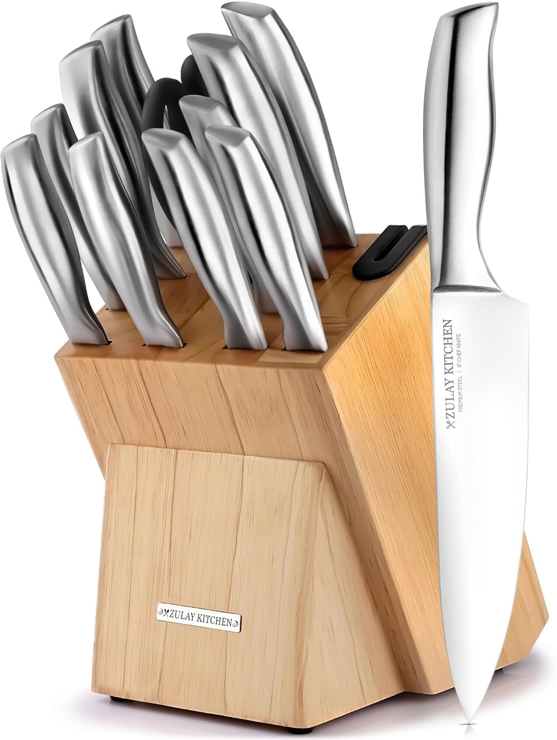 Zulay Kitchen 12-Piece Stainless Steel Knife Set with Block and Sharpener