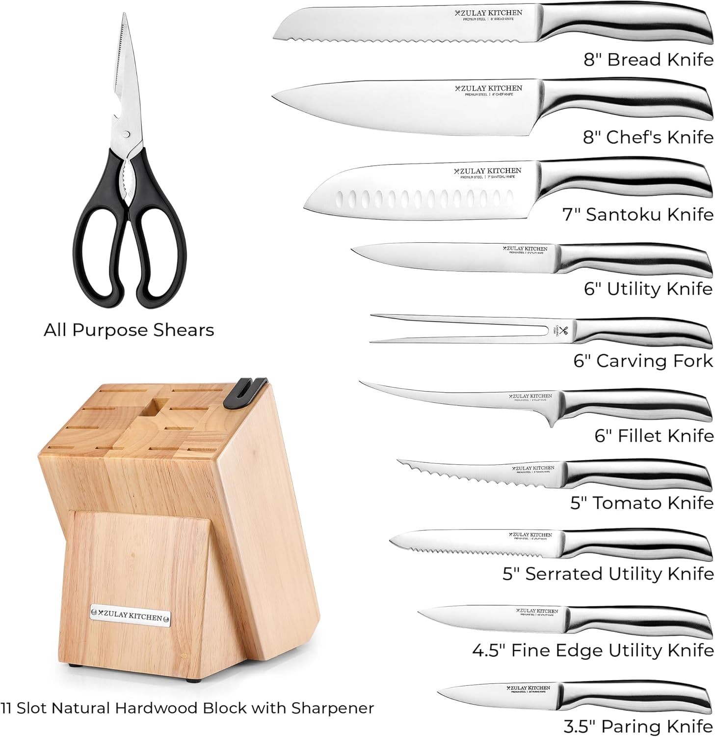 Zulay Kitchen 12-Piece Stainless Steel Knife Set with Block and Sharpener