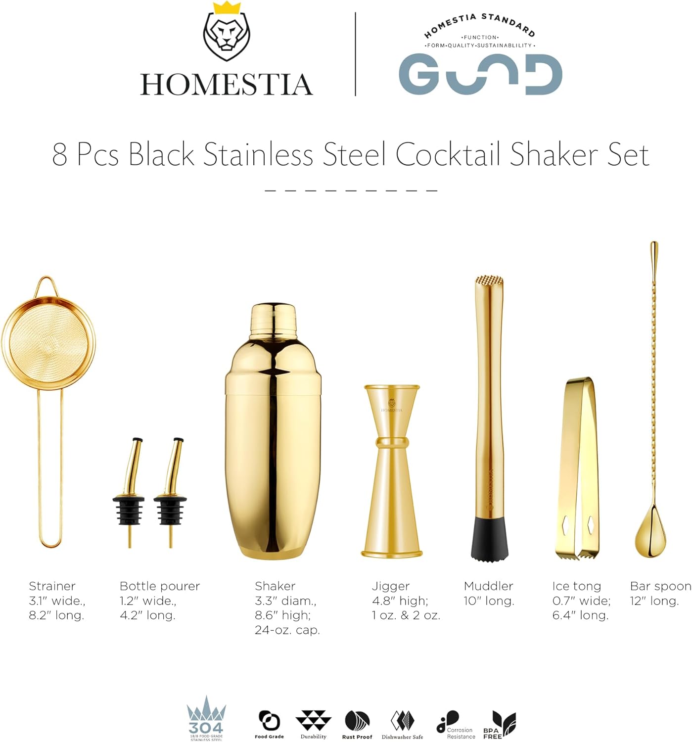 Homestia Gold Cocktail Shaker Set Exclusive Tool Kit