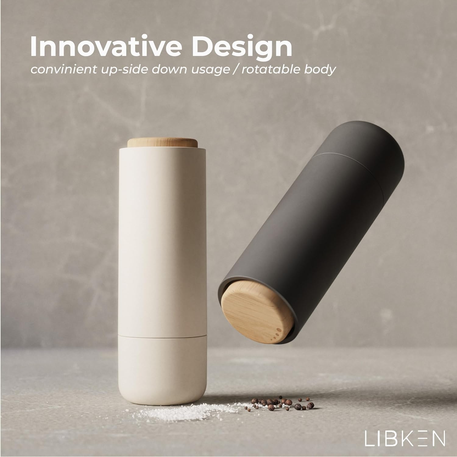 LIBKEN Salt and Pepper Grinder SetAdjustable Ceramic Kilner Premium Spice Dispenser WhiteGrey