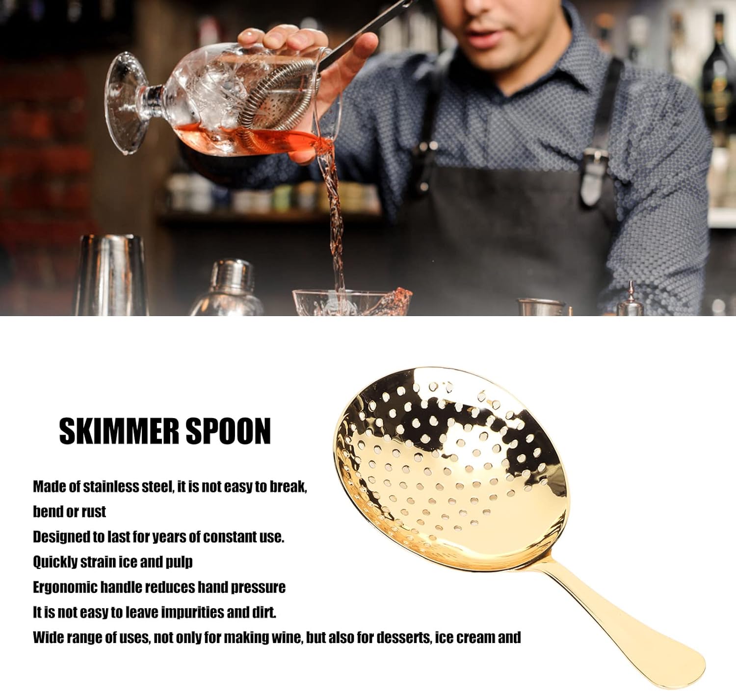 Stainless Steel Cocktail Strainer Ergonomic Gold Handle Durable for Home Commercial Use