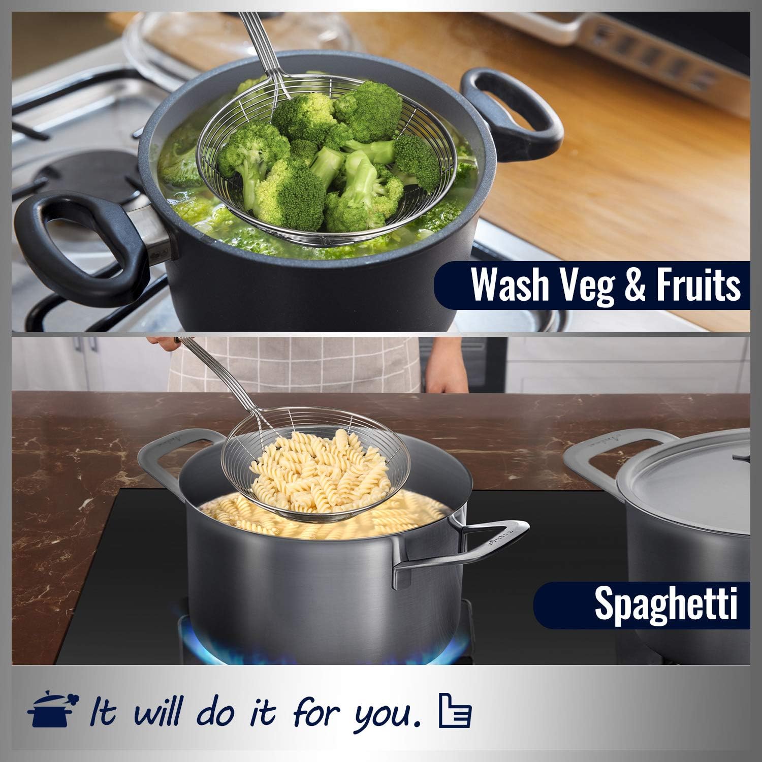 Premium stainless steel spider strainer for easy cooking and frying
