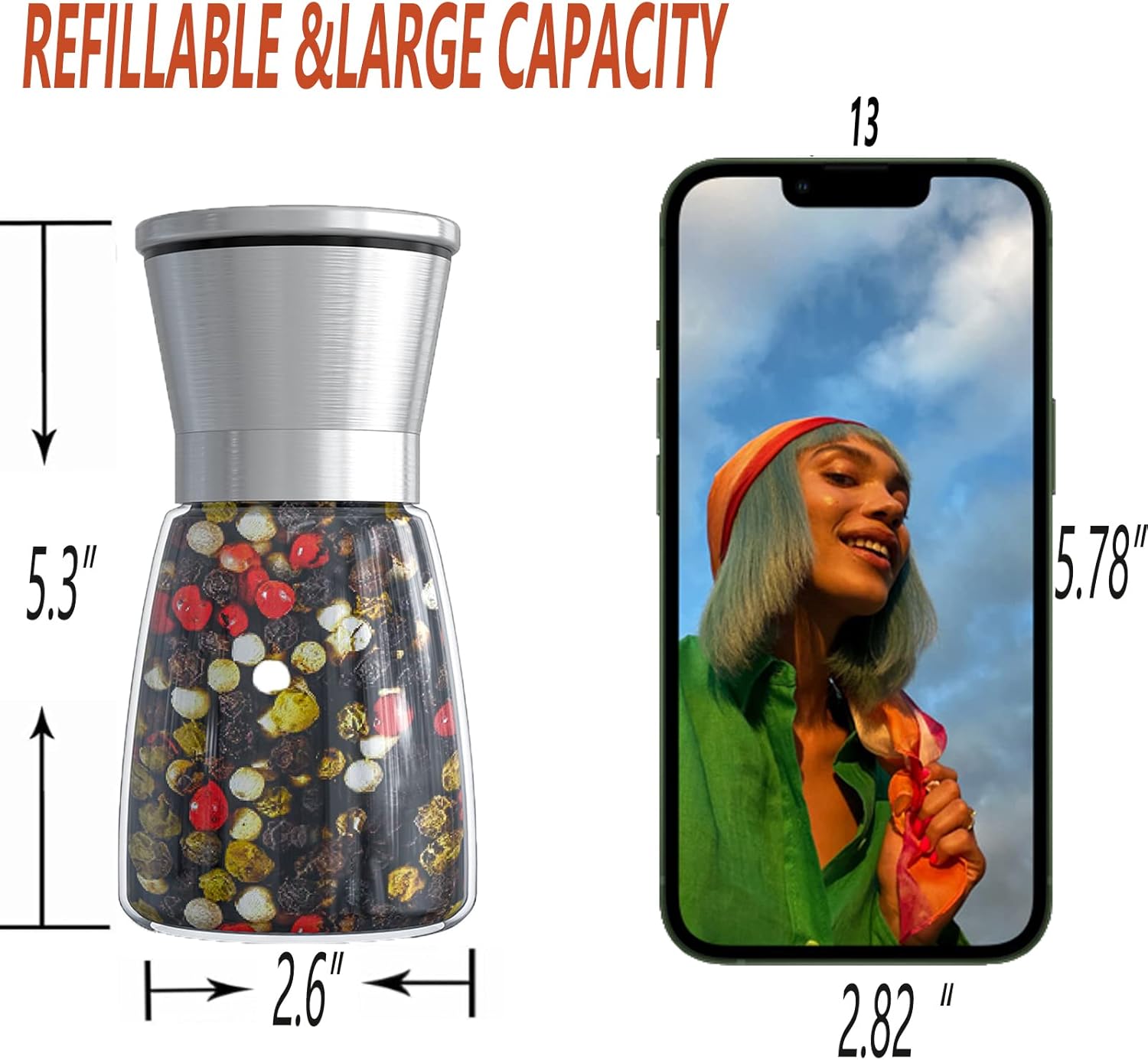 Stainless Steel Salt or Pepper Grinder with Adjustable Ceramic Blades