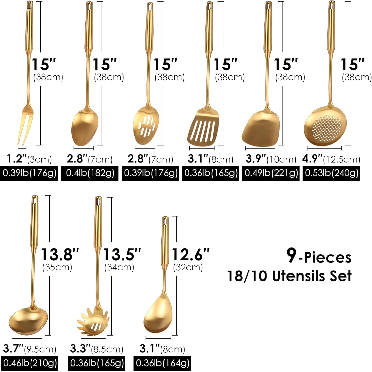 Gold Kitchen Utensils Set of 9 - 15 Inch All Metal Tools