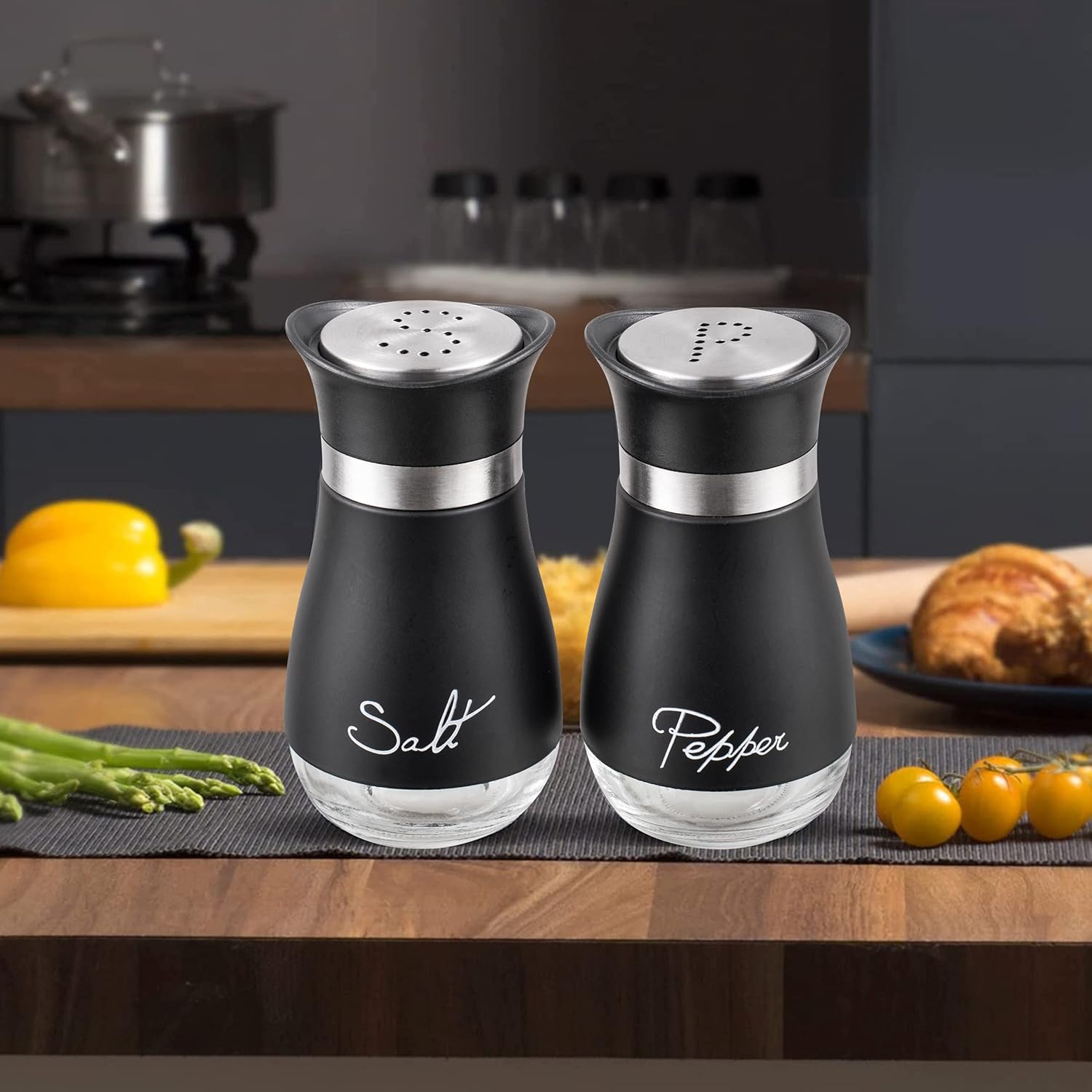 Lonffery Salt Pepper Set Stainless Steel Glass Elegant Design for Daily Use