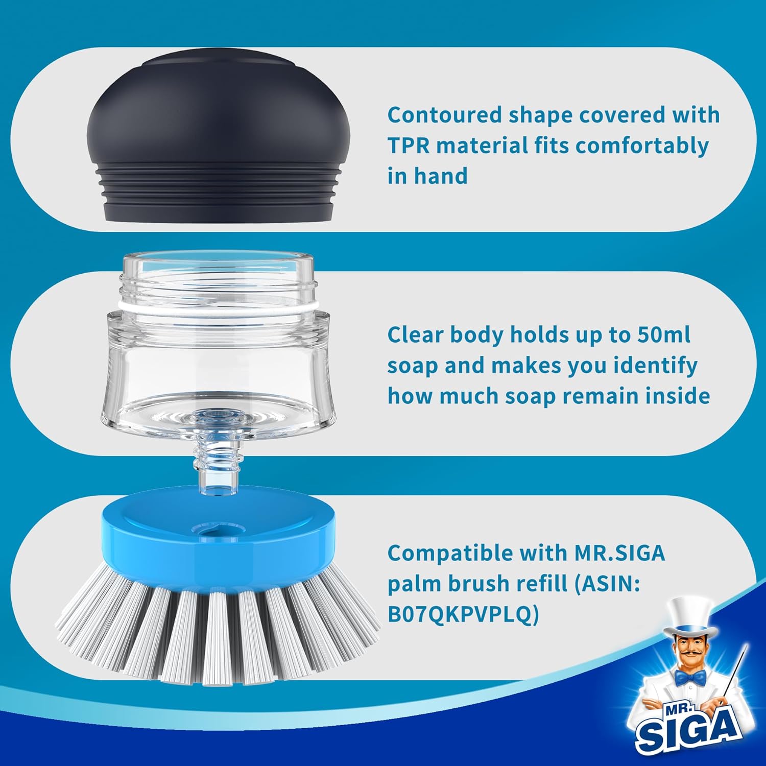 MRSIGA Soap Dispenser Palm Brush Kitchen Essential