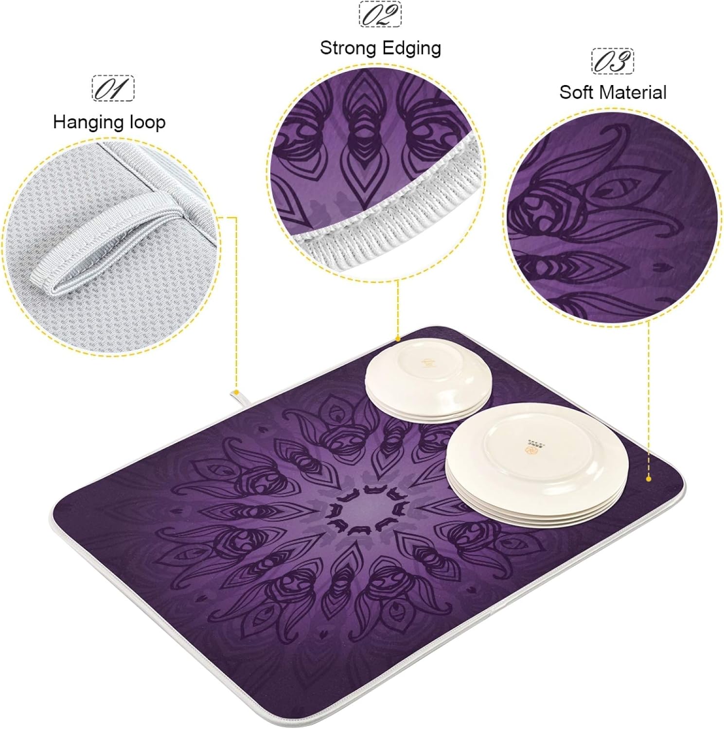 KEEPREALMicrofiber Dish Drying Mat Purple Mandala 18x24