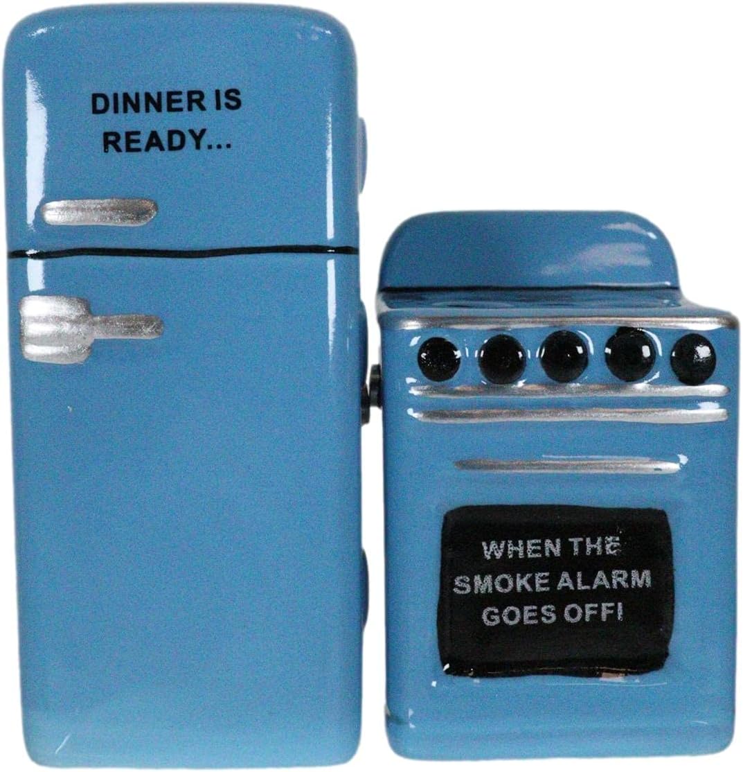 Ebros Retro Blue Fridge and Stove Salt and Pepper Shakers Set