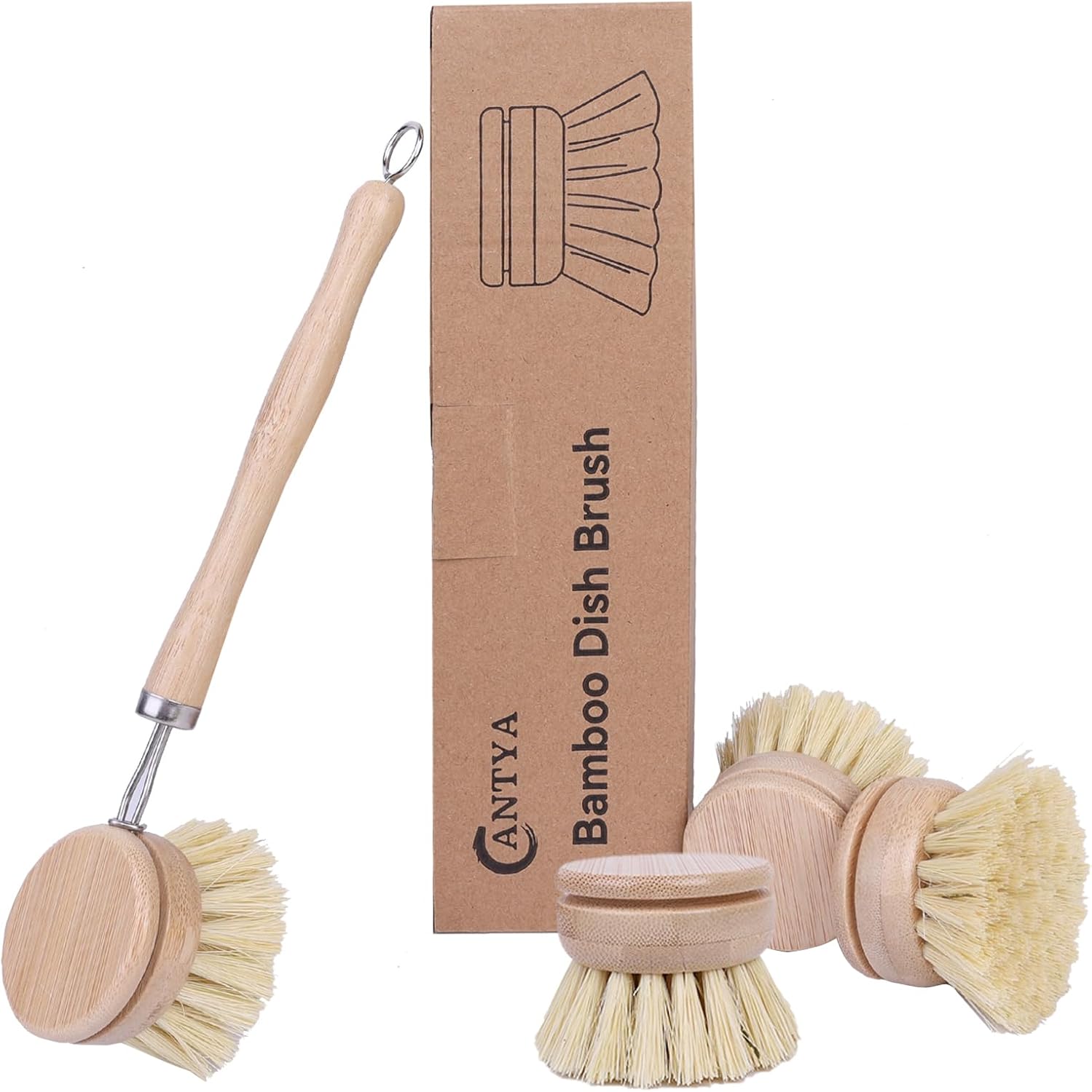 Bamboo Dish Brush With Handle and 4 Replacement Heads