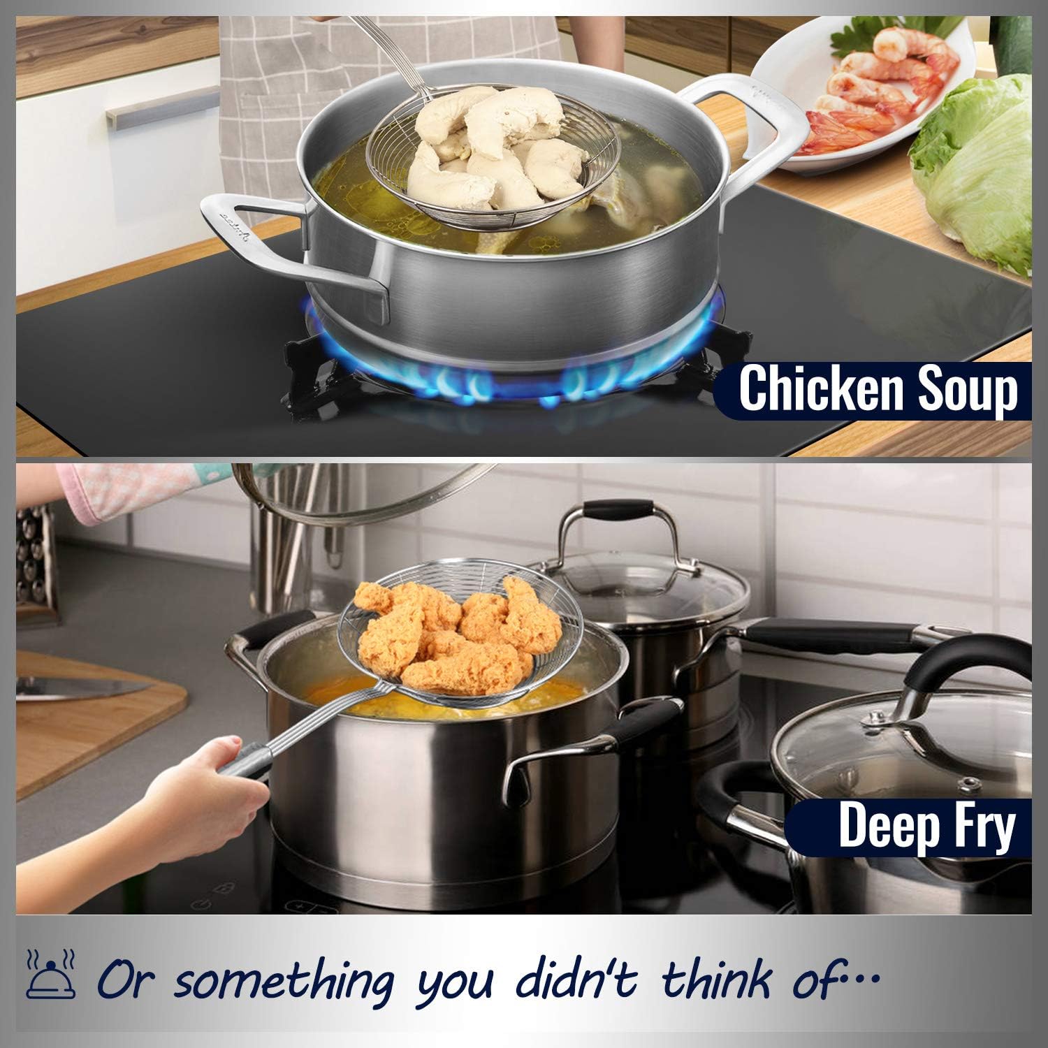 Premium stainless steel spider strainer for easy cooking and frying