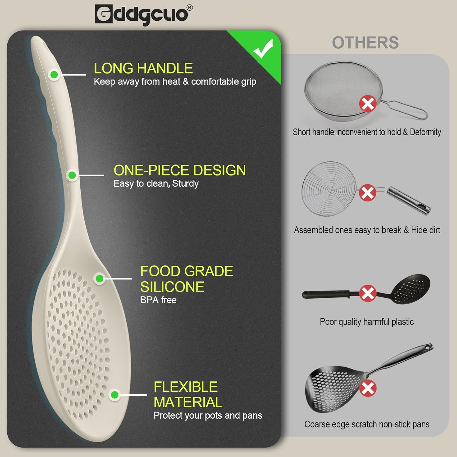 Large Skimmer Silicone Strainer Spoon Heat Resistant 145 Inch Kitchen Utensil