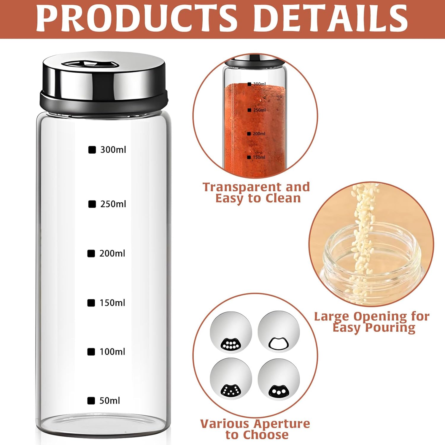 2Pcs Glass Salt Pepper Shakers with Adjustable Pour Holes and Removable Lids