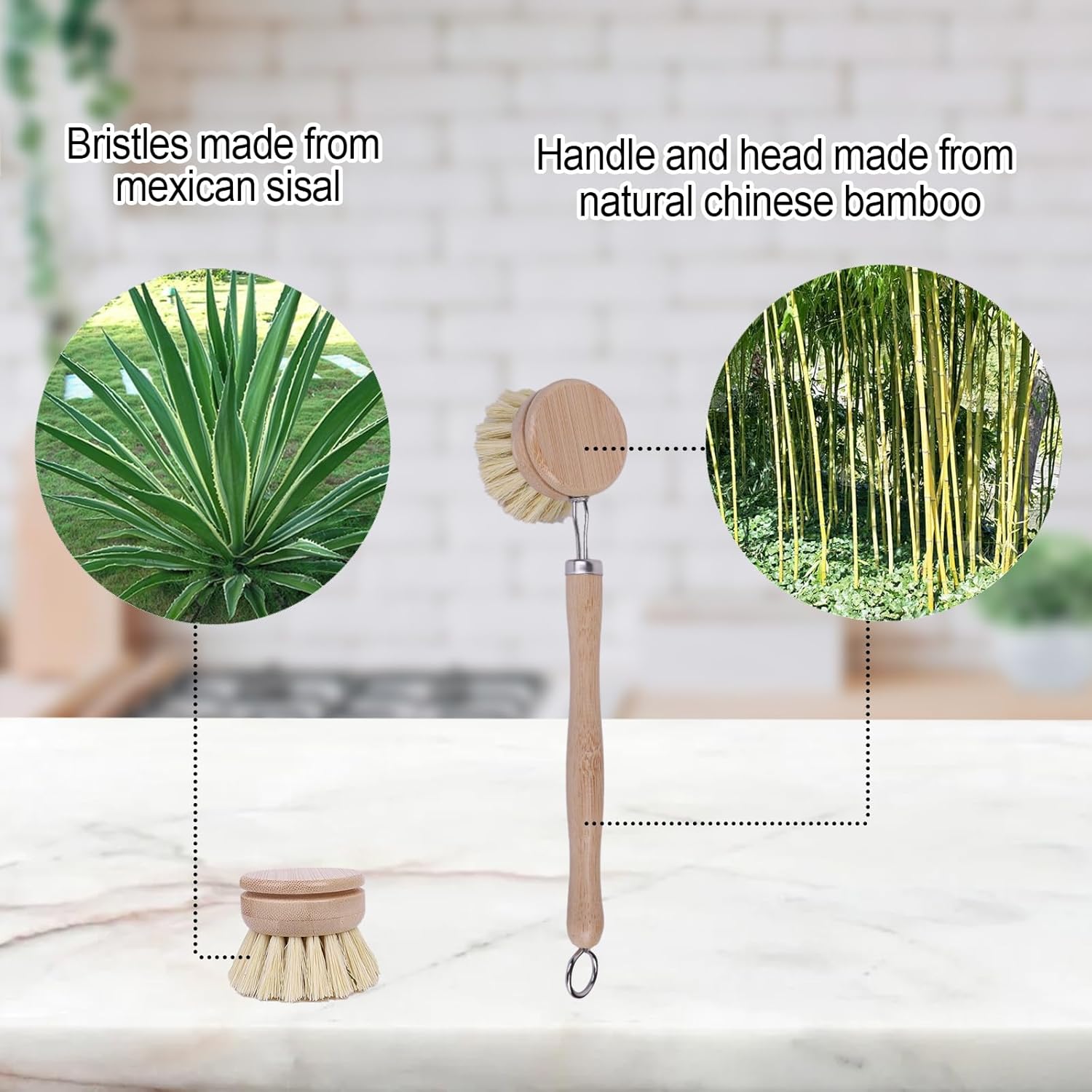 Bamboo Dish Brush With Handle and 4 Replacement Heads