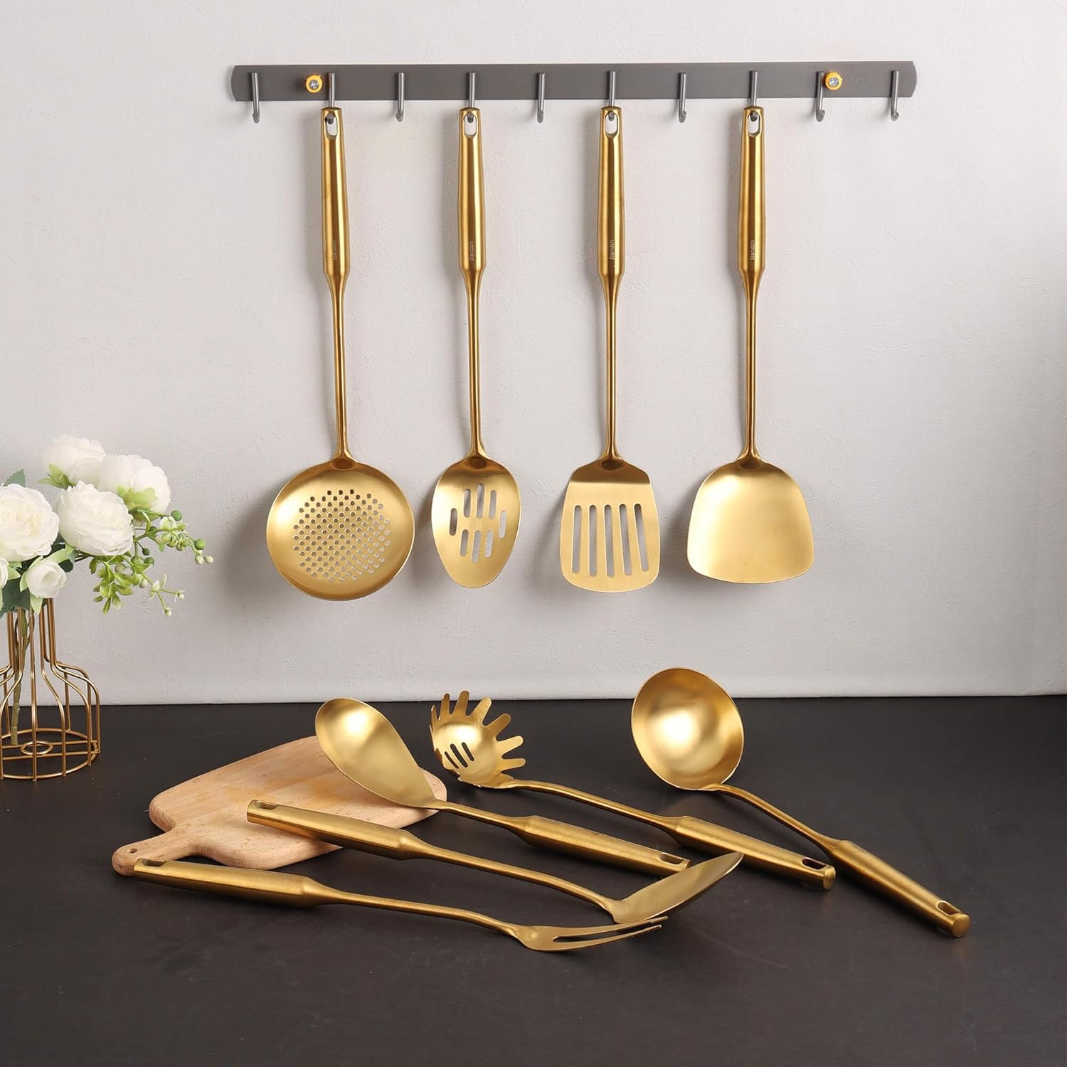 Gold Kitchen Utensils Set of 9 - 15 Inch All Metal Tools
