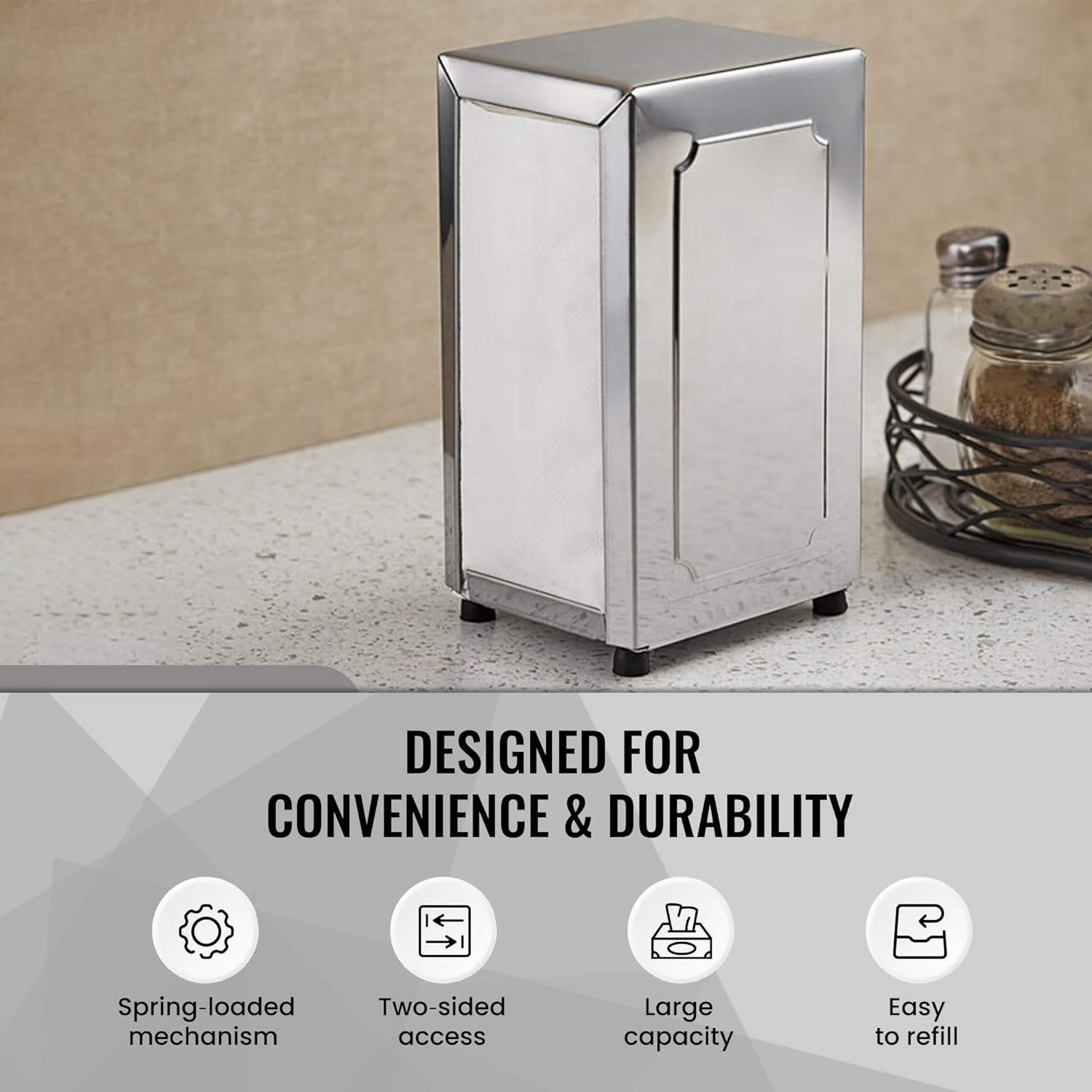 OCS Parts Stainless Steel Napkin Dispenser - Spring-Loaded Dual-Surface Holds 150 Napkins