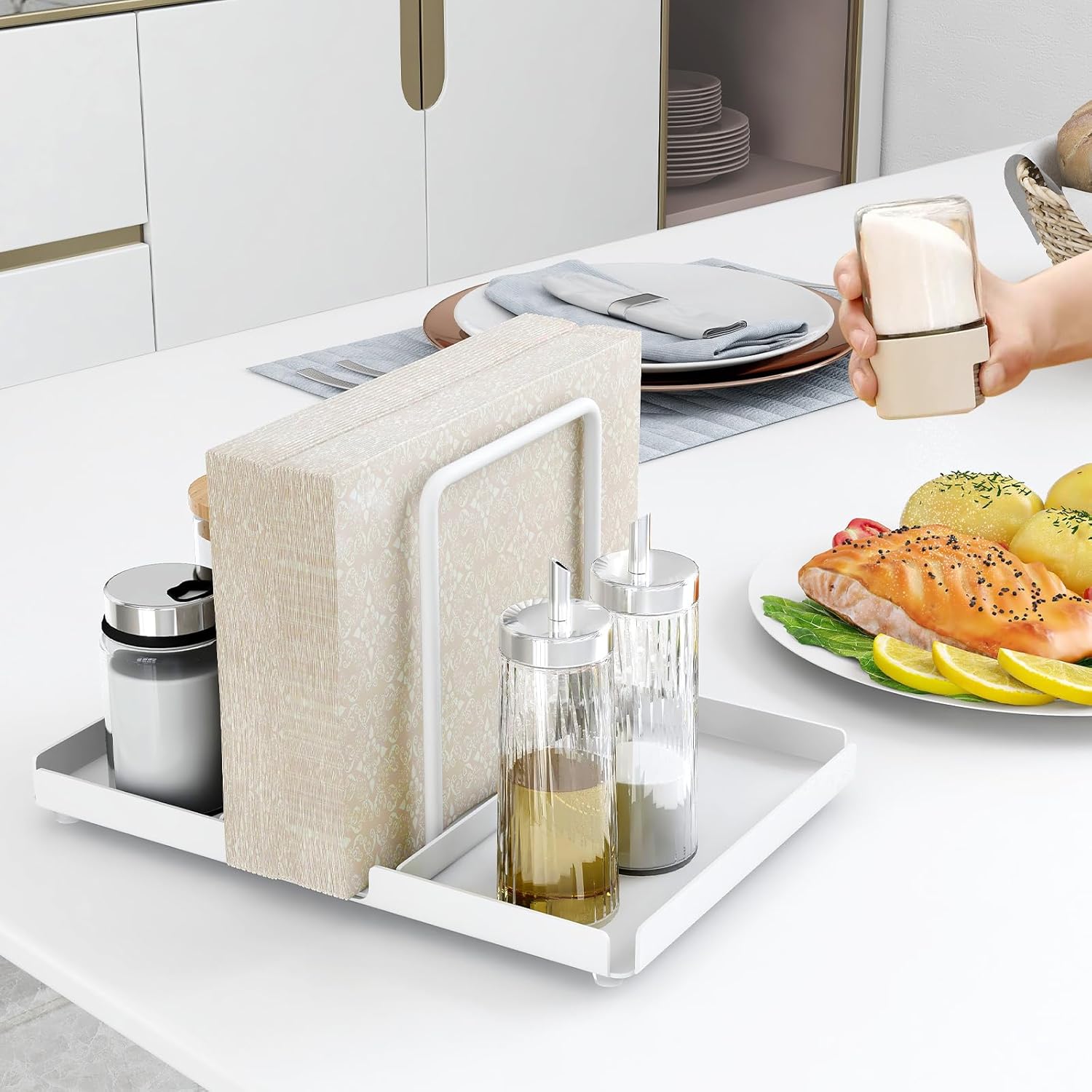 AudmoreSturdy Metal Napkin Holder with Salt Pepper Shakers White Design