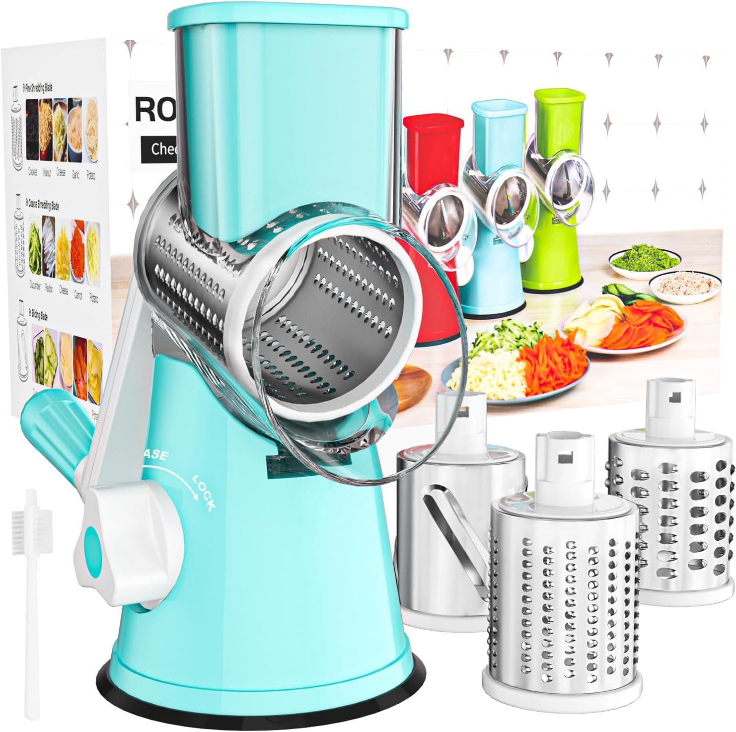 Cambom Rotary Cheese Grater with Three Blades and Suction Base