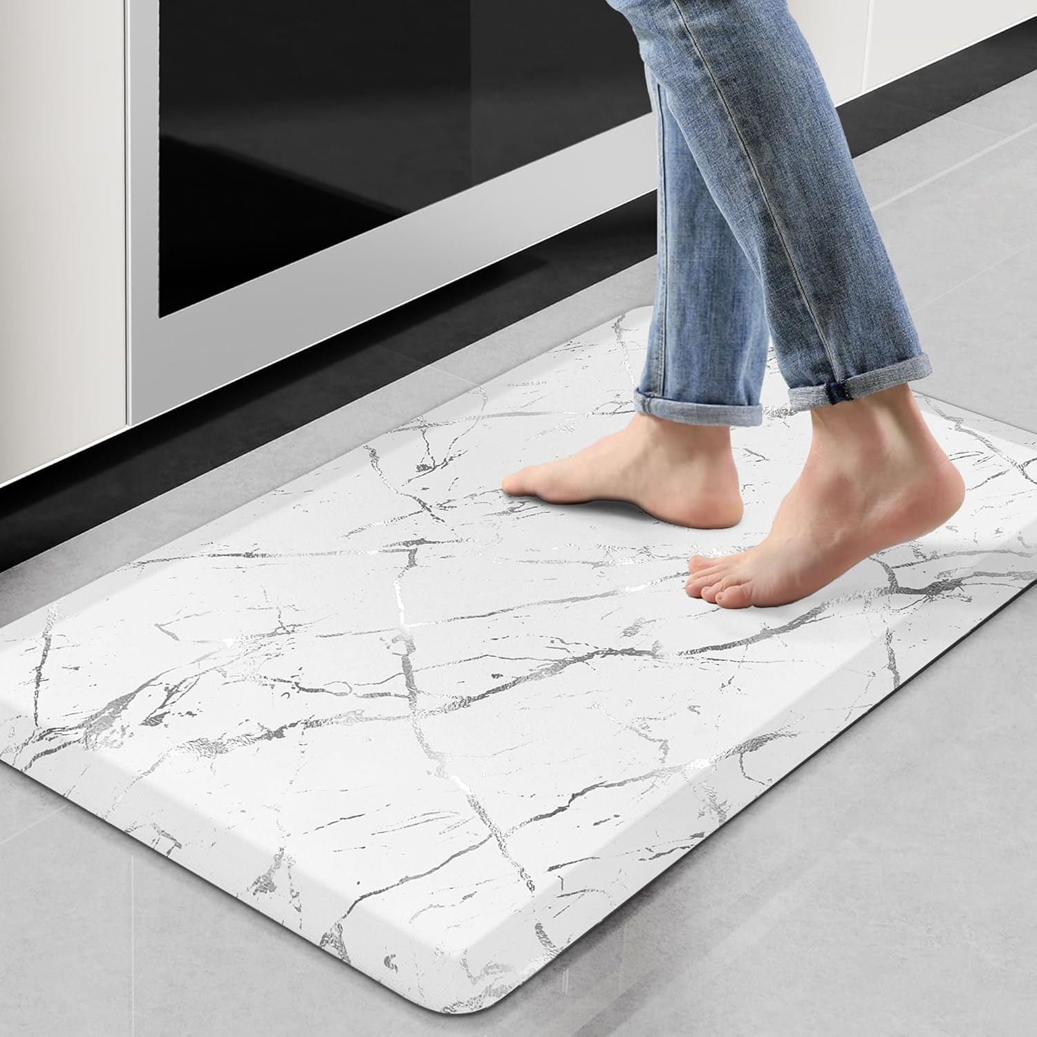 Sturdy Silver Anti-Fatigue Kitchen Mat 173x28 Inch Non-Slip Waterproof Luxurious Surface