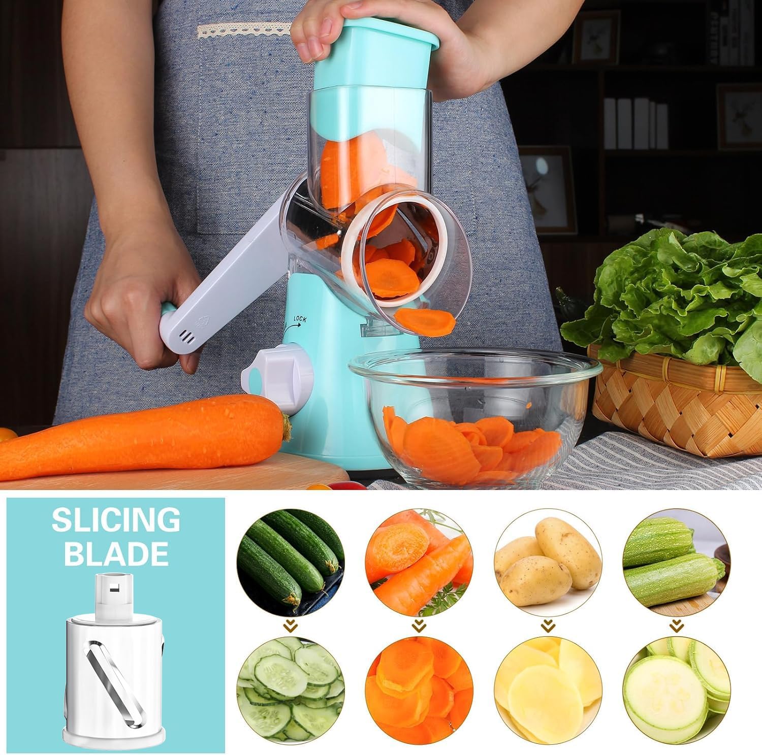 Cambom Rotary Cheese Grater with Three Blades and Suction Base