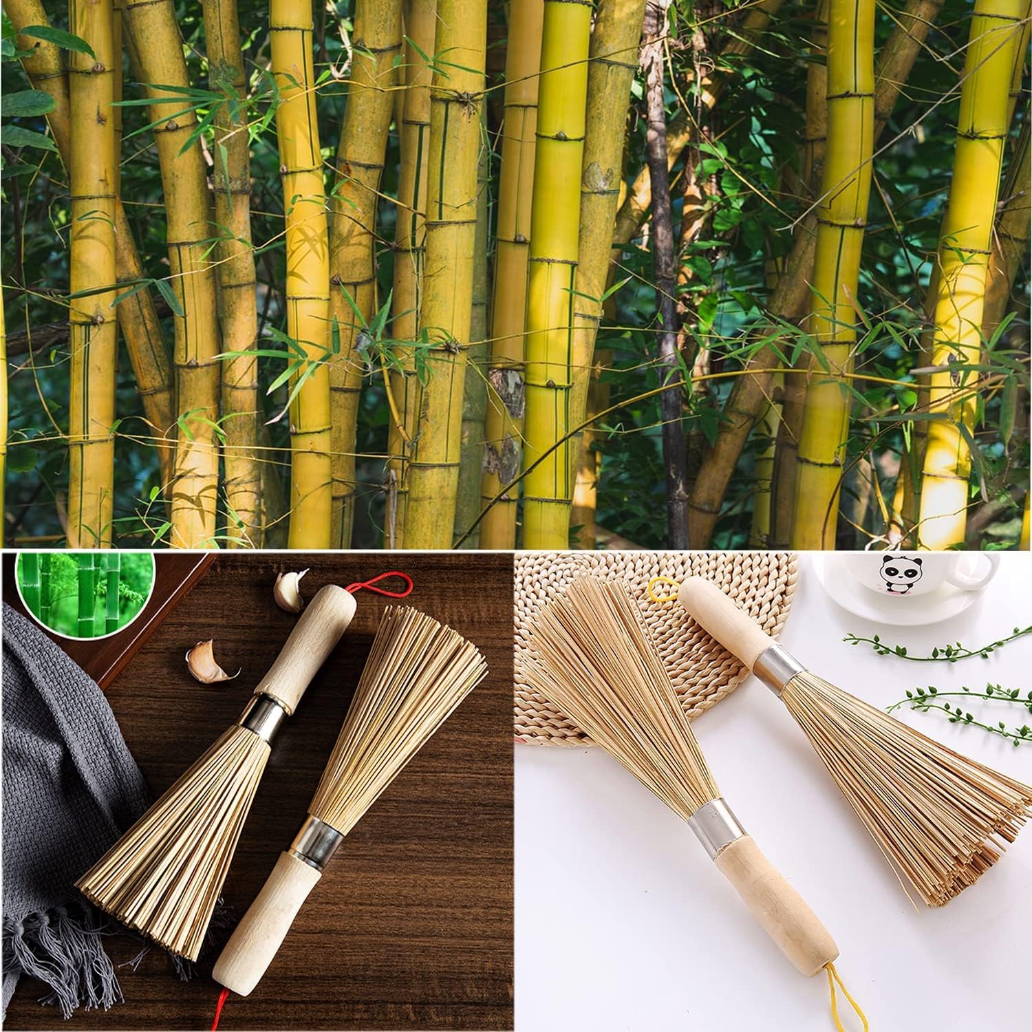 2Pack Natural Bamboo Wok Brushes for Kitchen Cleaning