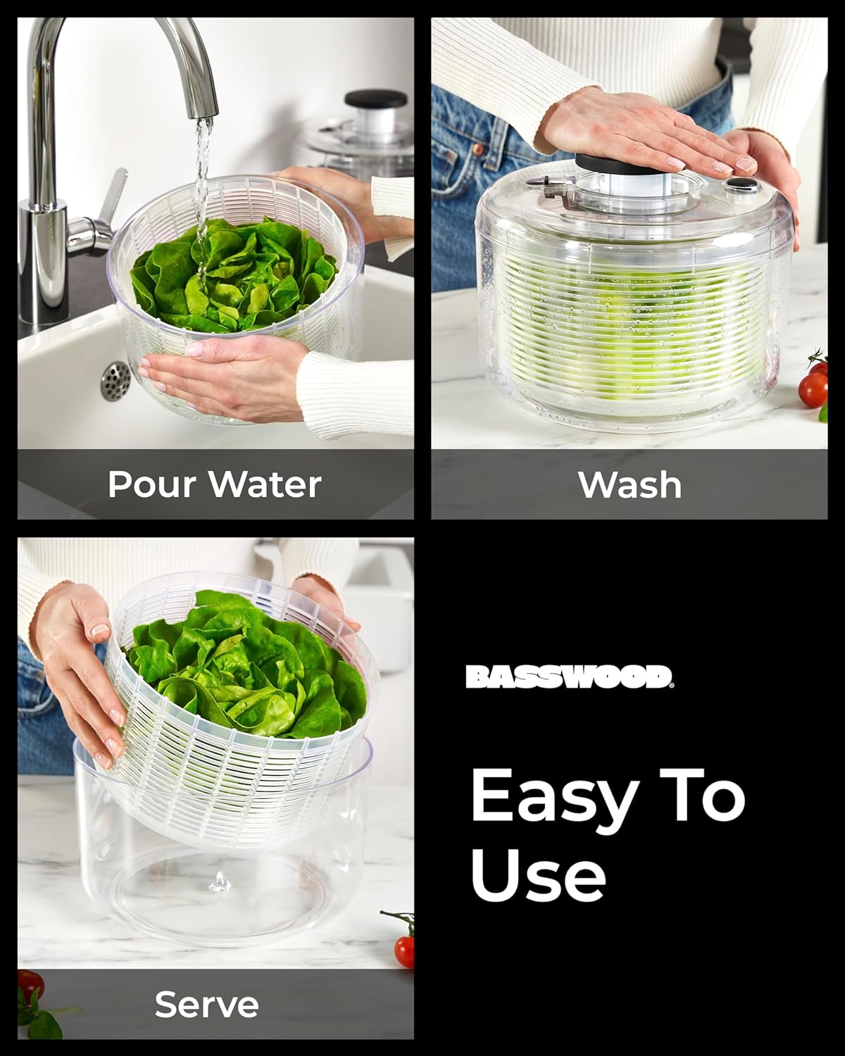 Basswood Pump Salad Spinner with Bowl and Colander - 47 Qt