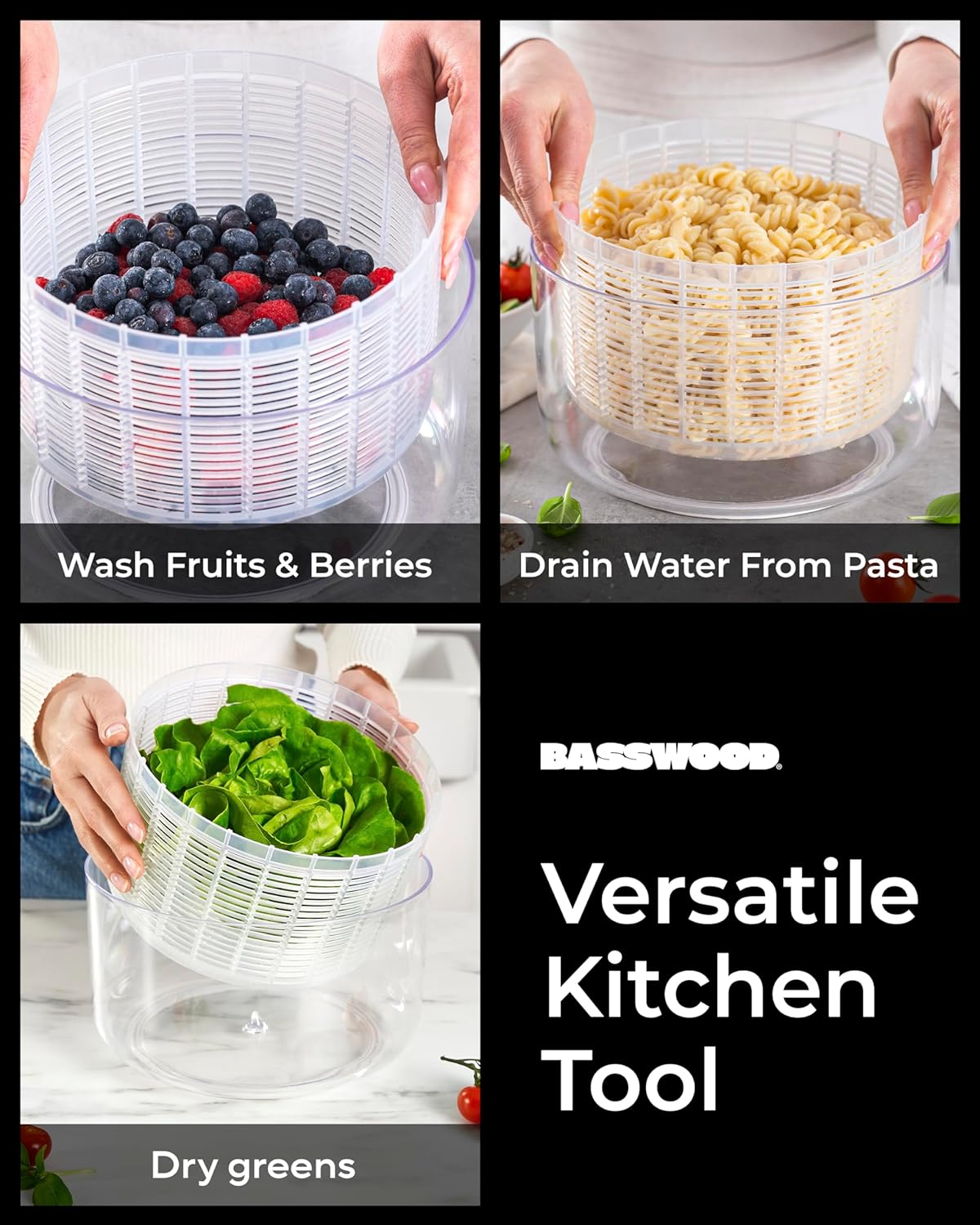 Basswood Pump Salad Spinner with Bowl and Colander - 47 Qt