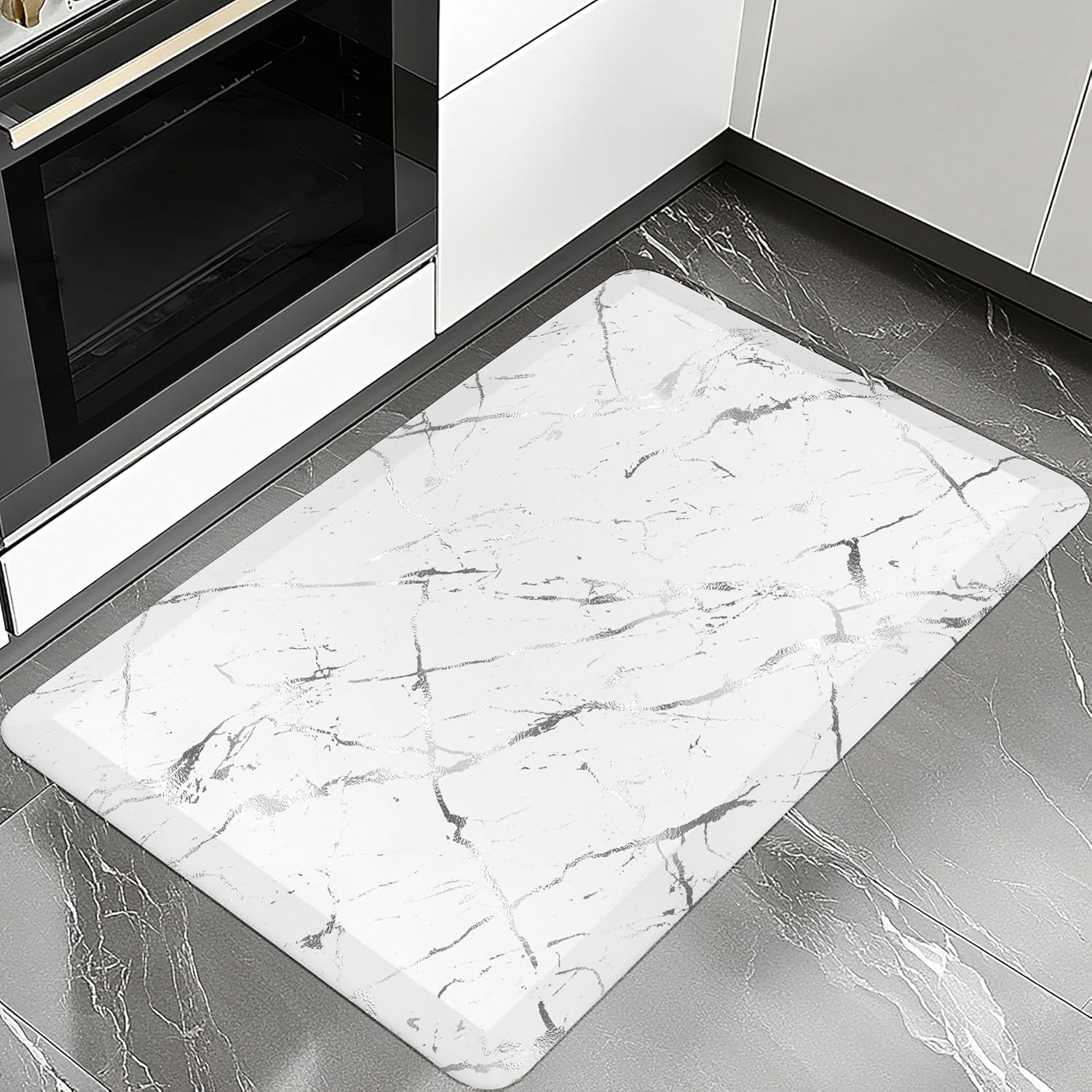 Sturdy Silver Anti-Fatigue Kitchen Mat 173x28 Inch Non-Slip Waterproof Luxurious Surface