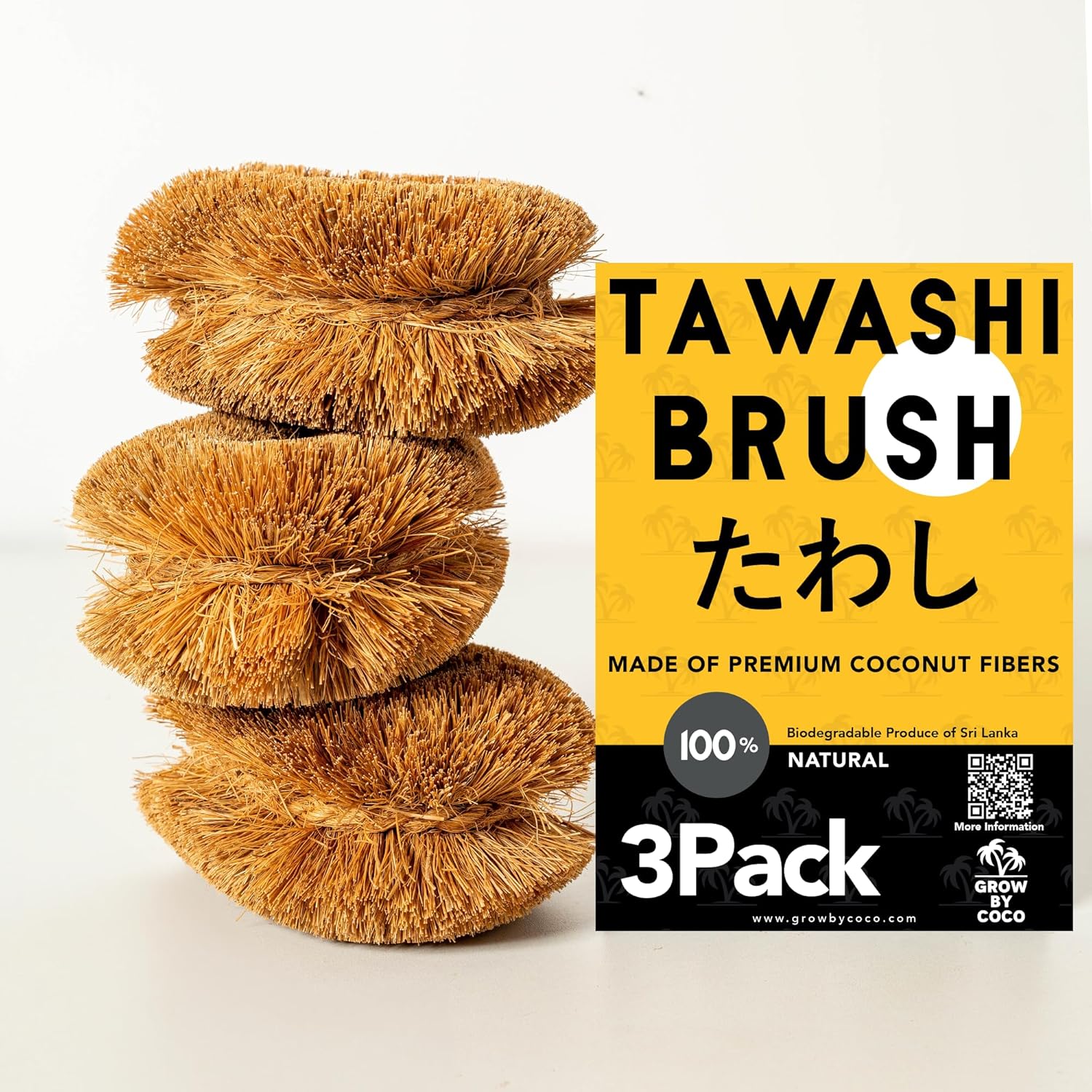 Eco-Friendly 3-Pack of 100 Natural Coconut Coir Kitchen Brushes